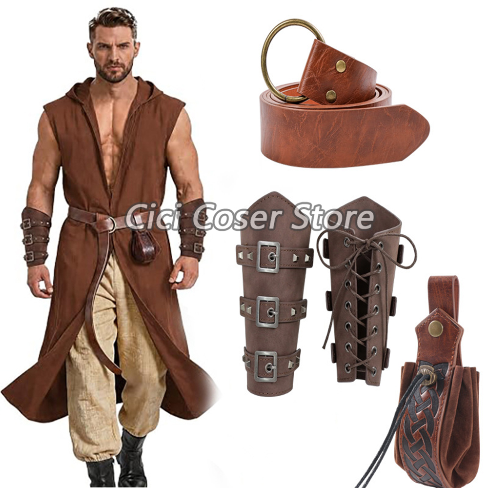 Cosplay Prop - ชุดเข็มขัดหนัง PU ยุคกลาง พร้อมปลอกแขนและกระเป๋าคาดเอว อุปกรณ์คอสเพลย์ไวกิ้ง อัศวิน