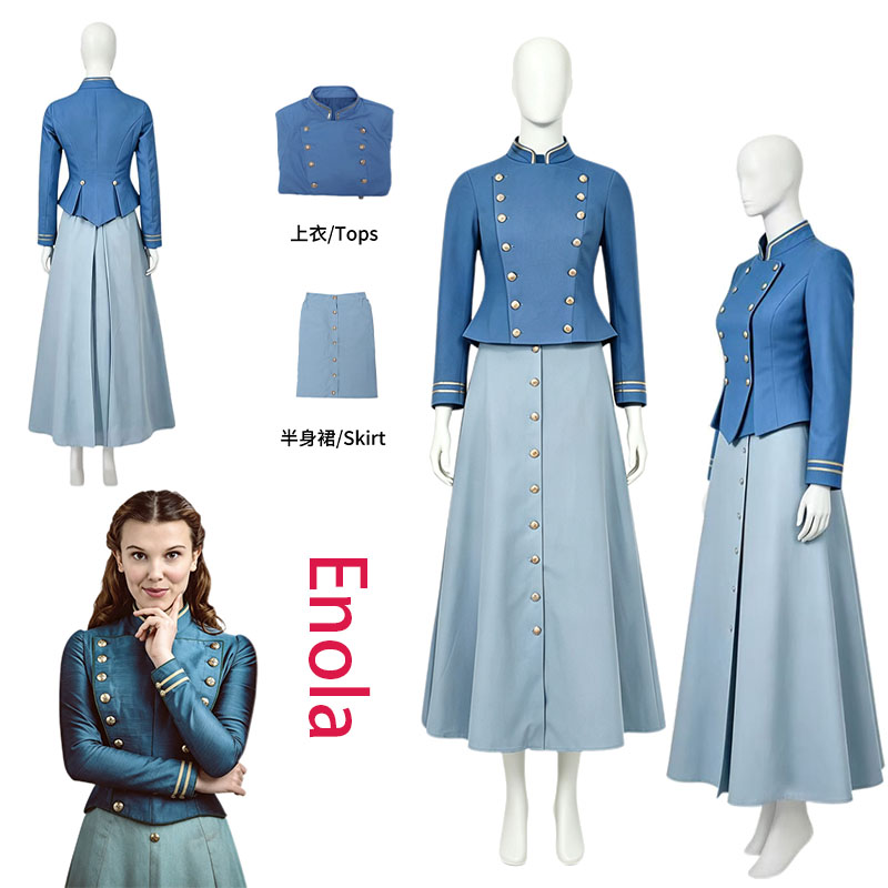 Cosplay Prop Making - ชุดคอสเพลย์เอโนล่าจากภาพยนตร์ WHH ชุดฮอล์มส์สำหรับผู้หญิง เสื้อแจ็คเก็ตทหารแขนยาวสไตล์วินเทจ พร้อมกระโปรง ชุดสีน้ำเงิน